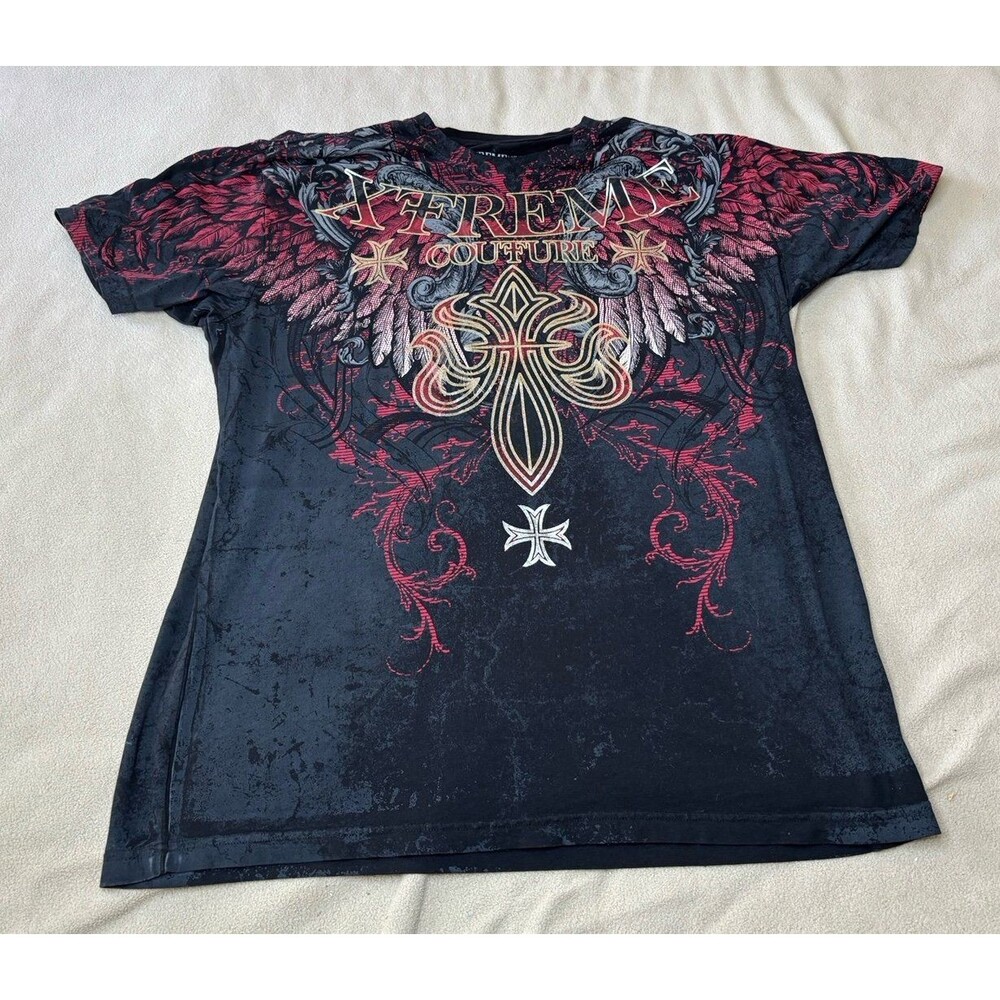Xtreme Couture Shirt Mens 2XL Black Wings Cross Graphic Gothic Biker Grunge AOP